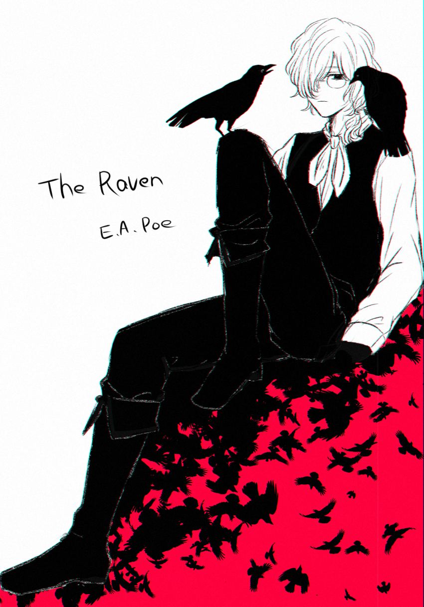 1boy animal animal_on_shoulder bespectacled bird bird_on_knee bird_on_shoulder boots bungou_stray_dogs chromatic_aberration closed_mouth crow edgar_allan_poe_(bungou_stray_dogs) english_text full_body glasses greyscale_with_colored_background hair_over_one_eye highres long_sleeves low_ponytail male_focus medium_hair neckerchief pants ponytail shirt solo the_raven vest wavy_hair yuzuponz07