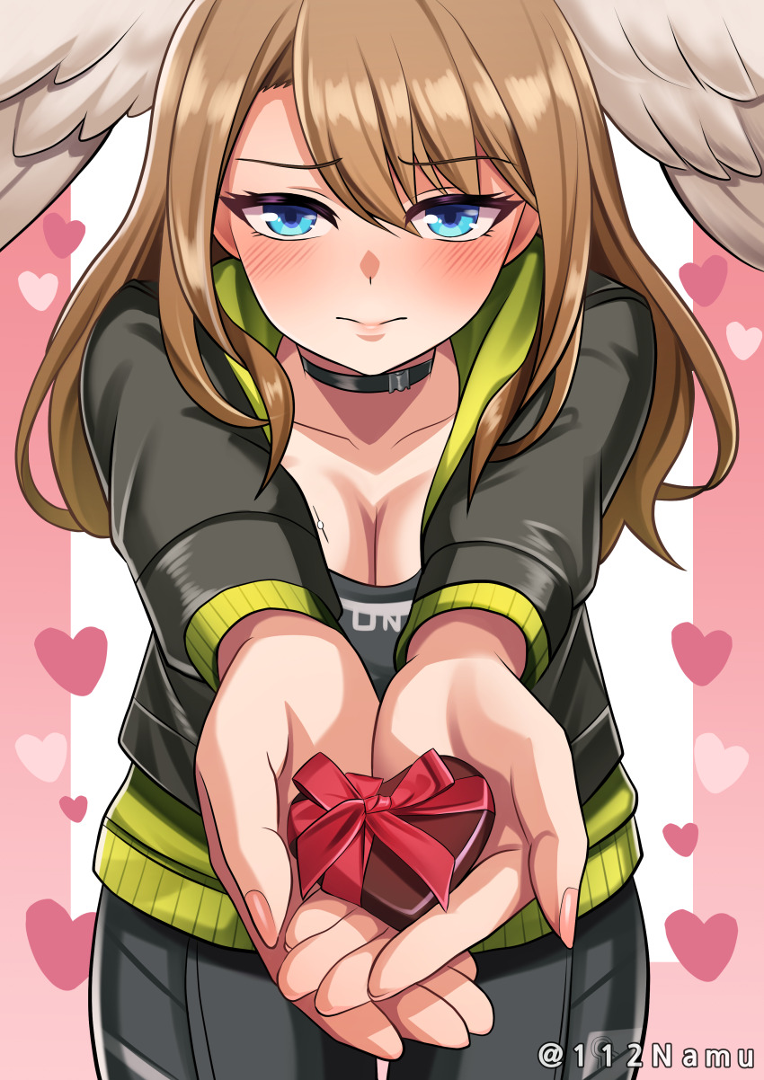 1girl absurdres artist_name black_bodysuit black_choker black_jacket blue_eyes blush bodysuit breasts brown_hair candy chocolate chocolate_heart choker closed_mouth commentary_request dot_nose eunie_(xenoblade) food head_wings heart heart-shaped_food highres incoming_gift jacket large_breasts long_hair loving_aura namu_(112namu) open_clothes open_jacket solo twitter_username valentine wings xenoblade_chronicles_(series) xenoblade_chronicles_3