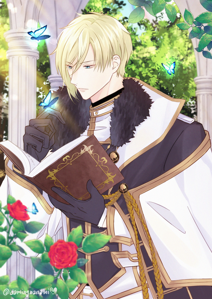 1boy absurdres black_gloves blonde_hair blue_butterfly blue_eyes book bug butterfly butterfly_on_hand chevalier_michel column darlingnanami flower fur_trim gloves highres ikemen_prince insect male_focus open_book outdoors pillar reading short_hair standing twitter_username