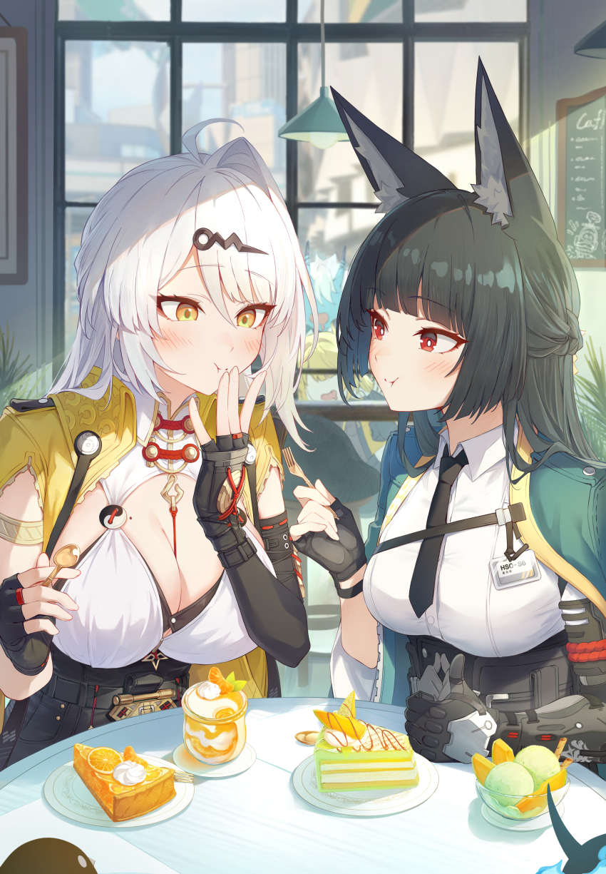 4girls absurdres ahoge animal_ear_fluff aqua_jacket arm_out_of_sleeve asymmetrical_gloves black_gloves black_hair black_necktie breasts bright_pupils cafe cake cake_slice cleavage collared_shirt commentary_request desert eating elbow_gloves fingerless_gloves food fork fox_girl fruit_tart gauntlets gloves hair_ornament hand_up highres holding holding_fork holding_spoon hoshimi_miyabi ice_cream id_card indoors jacket ju_fufu large_breasts light_blush long_hair looking_at_another mole mole_on_breast multiple_girls necktie red_eyes shirt single_elbow_glove single_gauntlet single_hair_intake soukaku_(zenless_zone_zero) spoon tang-du tart_(food) thumbs_up uneven_gloves white_hair white_pupils white_shirt yellow_eyes yellow_jacket yixuan_(zenless_zone_zero) zenless_zone_zero
