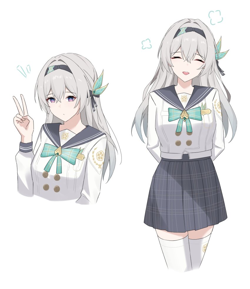 1girl :&lt; absurdres arms_behind_back black_ribbon blue_pupils blush bow bowtie buttons collared_shirt double-breasted firefly_(honkai:_star_rail) firefly_(spring_missive)_(honkai:_star_rail) green_bow green_bowtie grey_hairband grey_sailor_collar grey_skirt hair_ornament hair_ribbon hairband highres honkai:_star_rail honkai_(series) multicolored_eyes nicel open_mouth plaid_bow plaid_bowtie plaid_clothes pleated_skirt ribbon sailor_collar shirt simple_background skirt smile solo thighhighs upper_body v white_background white_shirt white_thighhighs