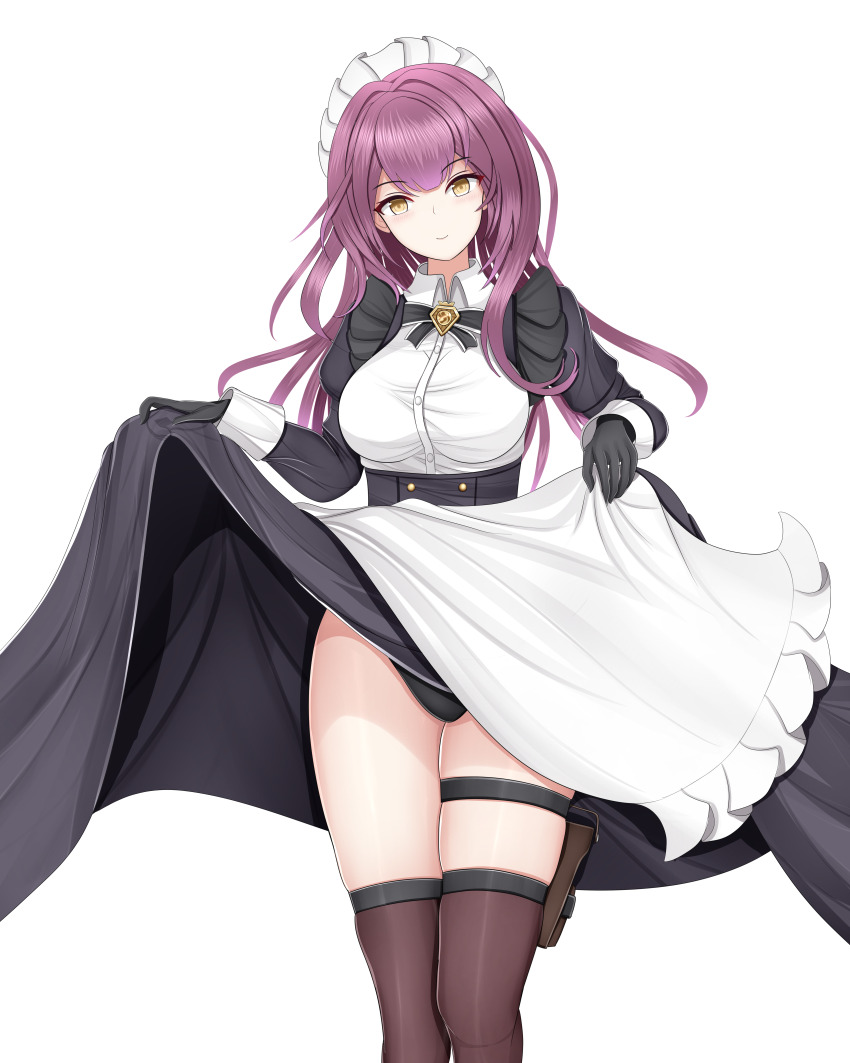 1girl absurdres azur_lane black_dress black_gloves black_panties black_thighhighs blush breasts clothes_lift cowboy_shot devonshire_(azur_lane) dress framed_breasts genius_1237to gloves gradient_background highres holster large_breasts lifting_own_clothes long_hair long_sleeves looking_at_viewer maid maid_headdress panties purple_hair skirt skirt_lift thigh_holster thighhighs underwear white_background yellow_background yellow_eyes