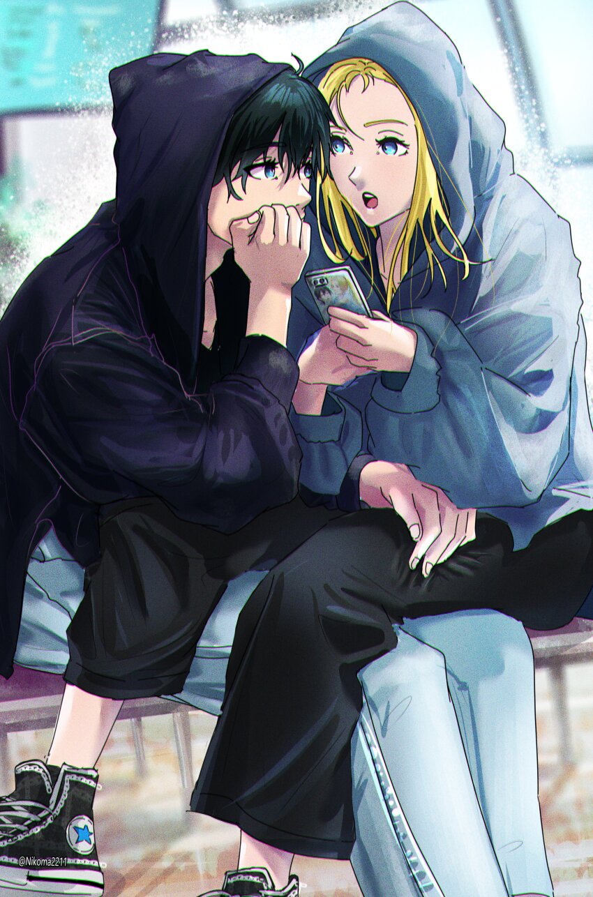 1boy 1girl :o absurdres ajiro_shinpei black_hair black_hoodie black_pants blonde_hair blue_eyes commentary denim english_commentary head_rest highres holding holding_phone hood hoodie jeans kofune_ushio long_hair long_sleeves looking_at_another nikoma2211 on_lap open_mouth outdoors pants phone shoes sitting sneakers summertime_render