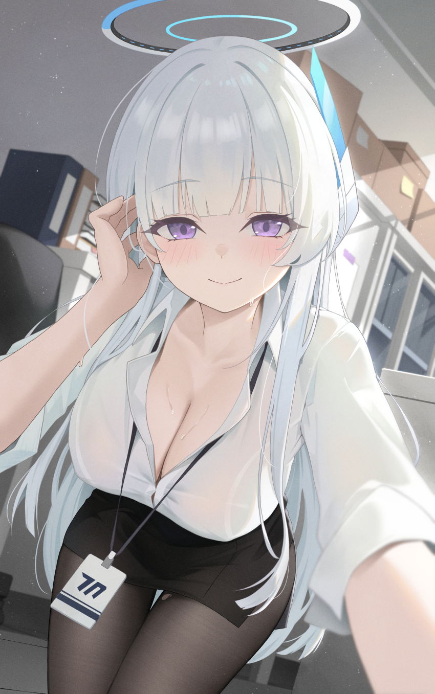 1girl absurdres black_pantyhose black_skirt blue_archive blush box breasts cleavage closed_mouth collared_shirt day halo hand_up highres id_card indoors keikei_(kitty_colors) lanyard large_breasts leaning_forward long_hair long_sleeves looking_at_viewer noa_(blue_archive) pantyhose pencil_skirt purple_eyes shirt skirt smile solo sweat very_long_hair white_hair white_shirt