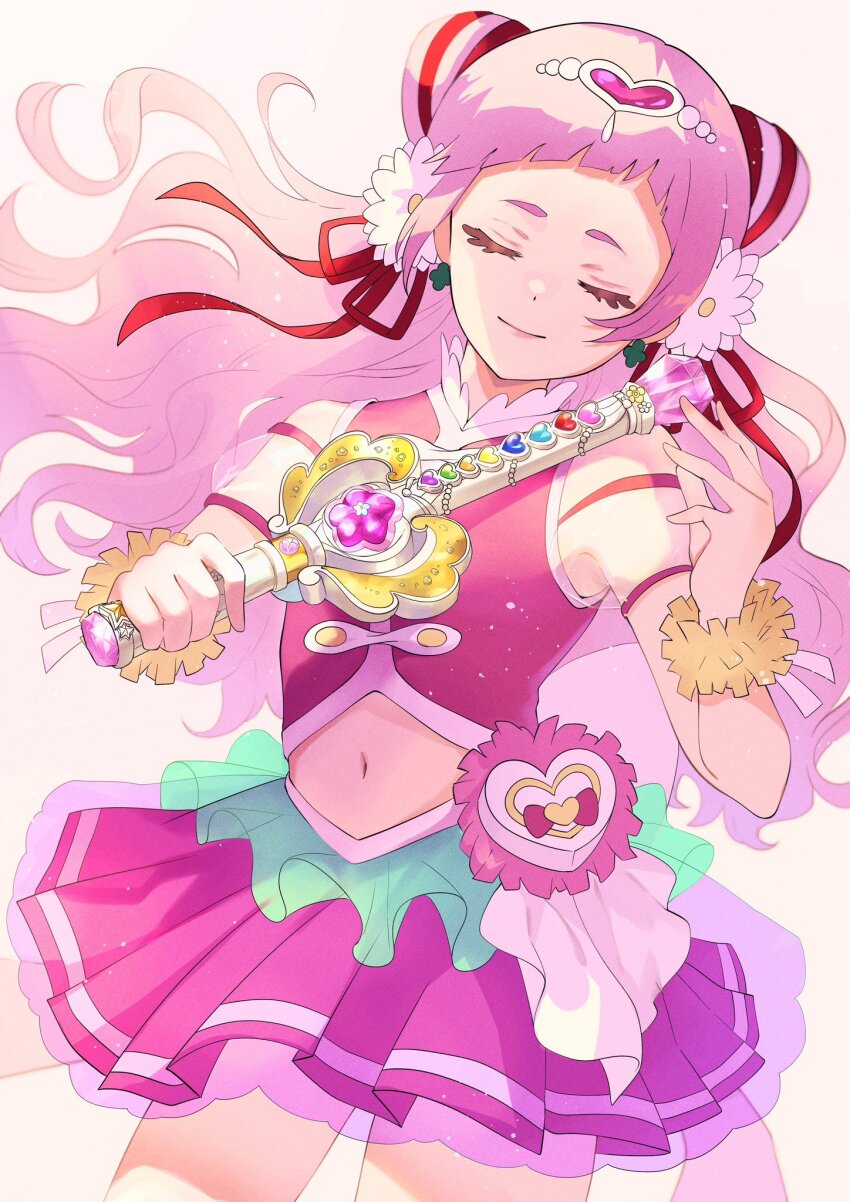 1girl back_bow bow clover_earrings cone_hair_bun cowboy_shot cure_yell flower four-leaf_clover_earrings gradient_background hair_bun hair_flower hair_ornament hair_ribbon heart heart_hair_ornament heart_pouch highres hugtto!_precure layered_skirt long_hair magical_girl muginome_(bakuga_chan2) navel nono_hana pink_background pink_hair pink_shirt pink_skirt precure ribbon shirt short_bangs skirt smile solo thick_eyelashes thighhighs waist_brooch