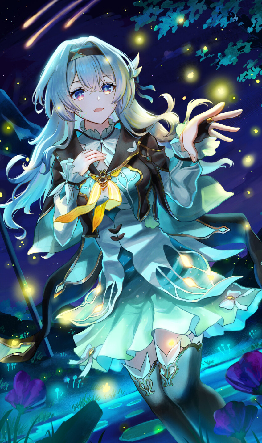 1girl aqua_dress aqua_thighhighs black_hairband black_jacket blue_pupils bridal_gauntlets collared_dress cropped_jacket dress firefly_(honkai:_star_rail) flower frilled_sleeves frills glowing grass grey_hair hair_between_eyes hair_intakes hair_ornament hair_ribbon hairband hand_on_own_chest highres honkai:_star_rail honkai_(series) isome jacket lily_pad long_sleeves multicolored_eyes multicolored_hair neckerchief open_mouth orange_neckerchief plant purple_flower reaching ribbon ribbon-trimmed_dress ribbon-trimmed_skirt ribbon_trim shooting_star single_bridal_gauntlet smile thighhighs tree two-tone_eyes water white_dress white_sleeves