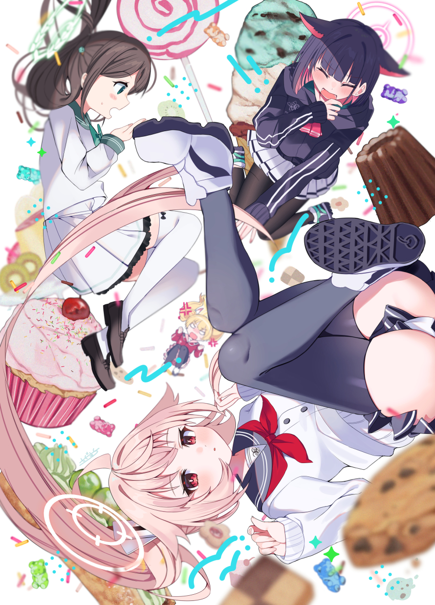 4girls absurdres after-school_sweets_club_(blue_archive) airi_(blue_archive) anger_vein animal_ears aqua_eyes aqua_halo aqua_sailor_collar black_footwear black_hair black_jacket black_pantyhose black_sailor_collar black_skirt black_thighhighs blonde_hair blue_archive blush bow brown_hair cameltoe candy canele cat_ears checkerboard_cookie chocolate_chip_cookie closed_eyes colored_inner_hair commentary cookie cream cupcake emblem extra_ears floating floating_hair food food-themed_hair_ornament fruit grapes green_footwear green_sailor_collar gummy_bear hair_flaps hair_ornament hairclip half_updo halo hand_in_own_hair hand_up highres hood hood_down hooded_jacket ice_cream jacket kazusa_(blue_archive) kiwi_(fruit) kiwi_slice knees_up loafers lollipop long_hair long_sleeves mint_chocolate mint_chocolate_(razschi) multicolored_footwear multicolored_hair multiple_girls natsu_(blue_archive) neckerchief no_pupils nose_blush open_mouth panties pantyhose pastry pink_hair pink_halo pink_neckerchief pink_skirt pleated_skirt pudding puffy_long_sleeves puffy_sleeves red_eyes red_jacket red_neckerchief sailor_collar school_uniform serafuku shoe_soles shoes short_hair side_ponytail skirt sneakers sprinkles sweatdrop teardrop teeth thighhighs thumbprint_cookie track_jacket multiple_scoops tsushima_shigure twintails underwear v-shaped_eyebrows white_background white_bow white_footwear white_panties white_serafuku white_skirt white_thighhighs wide_shot yellow_halo yoshimi_(blue_archive)