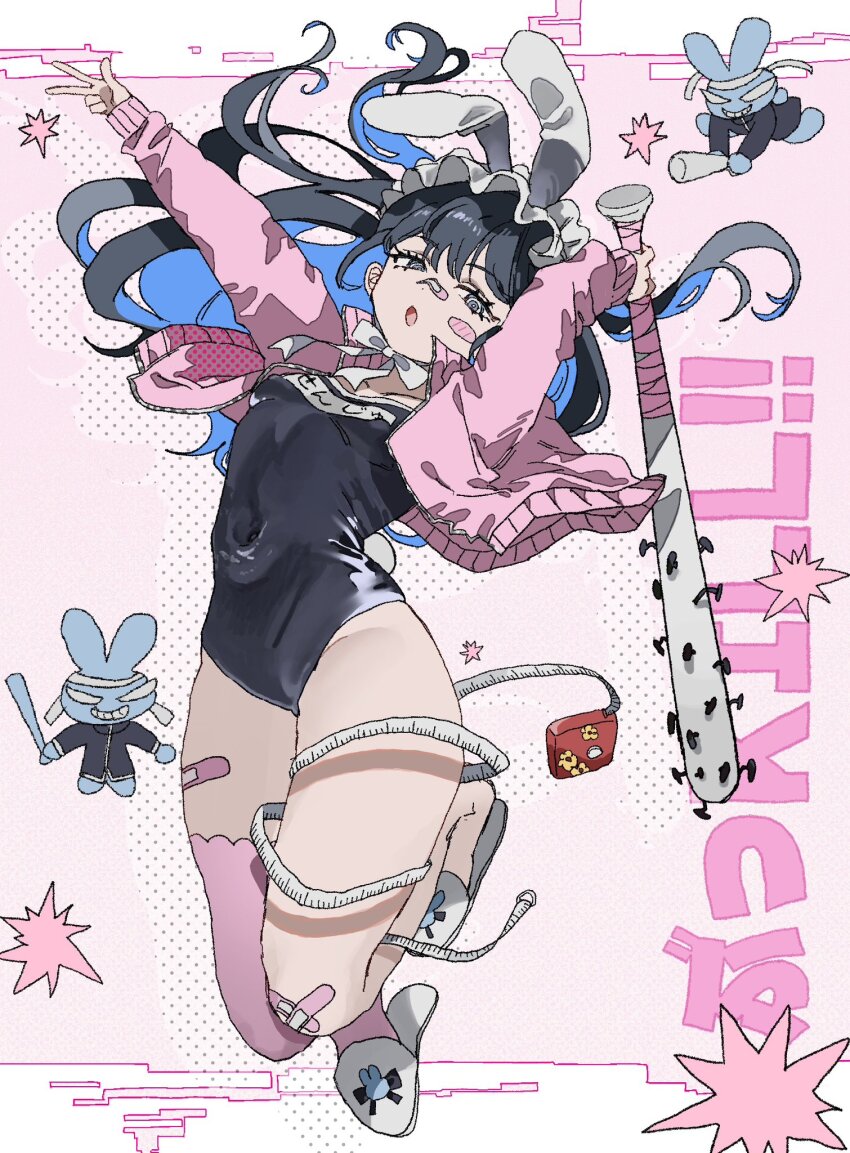 1girl 2others animal_ears animal_slippers arms_up asymmetrical_legwear bandaid bandaid_on_face bandaid_on_knee bandaid_on_leg bandaid_on_nose baseball_bat black_hair blue_eyes blue_hair blue_one-piece_swimsuit blush_stickers bousouzoku bunny_slippers colored_inner_hair covered_navel delinquent fake_animal_ears fake_tail frilled_hairband frills hairband highres holding holding_baseball_bat holding_weapon inu_totemo jacket jumping multicolored_hair multiple_others nail nail_(hardware) nail_bat neck_ribbon one-piece_swimsuit original pink_background pink_jacket pink_thighhighs polka_dot polka_dot_background rabbit_tail ribbon school_swimsuit school_uniform single_blush_sticker single_thighhigh slippers swimsuit tail tape_measure thighhighs v weapon white_footwear