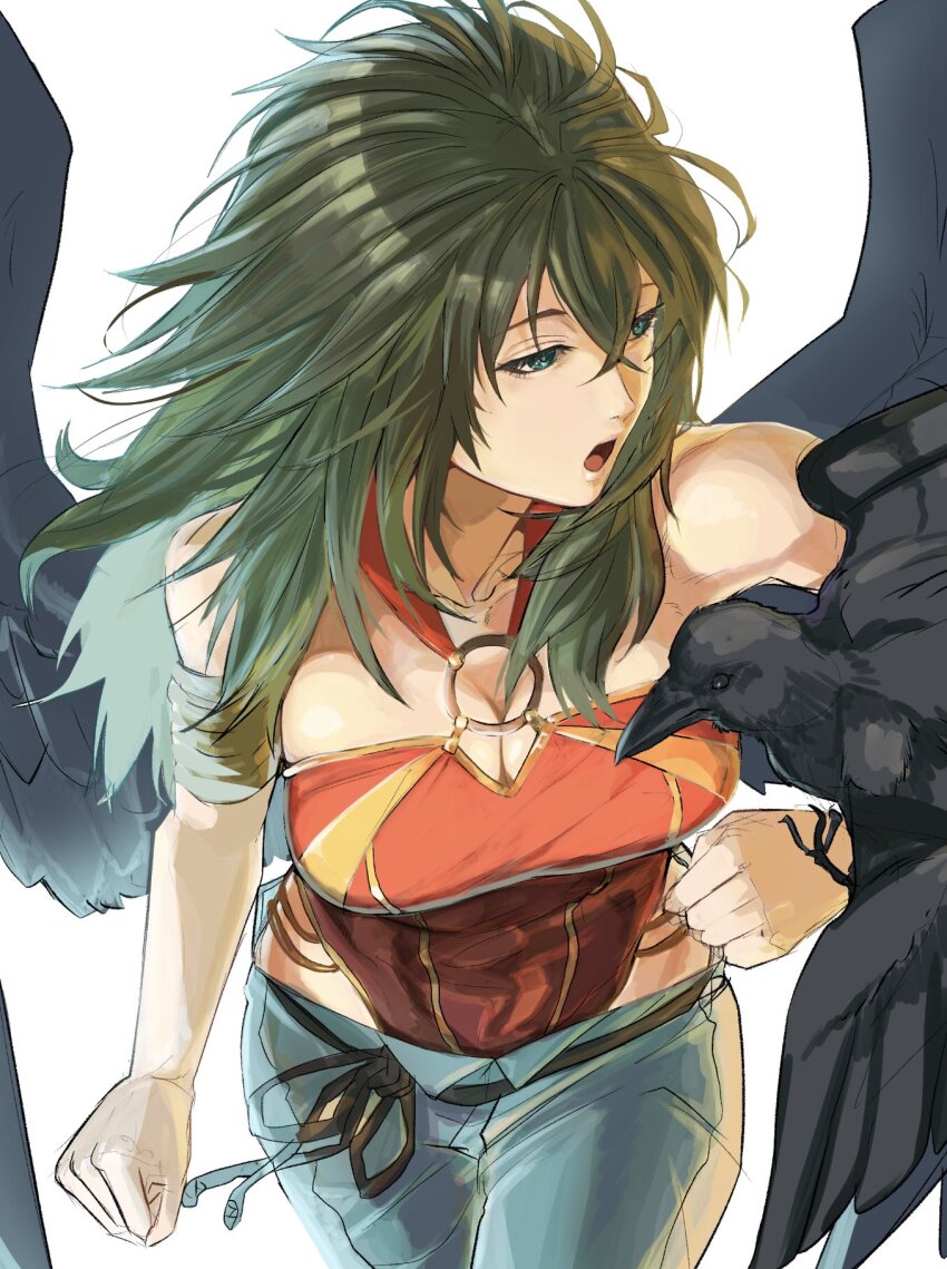bird bird_girl black_hair black_wings breasts crow feathered_wings fire_emblem fire_emblem:_radiant_dawn highres large_breasts messy_hair nintendo o-ring_leotard sutekina_yari vika_(fire_emblem) wings