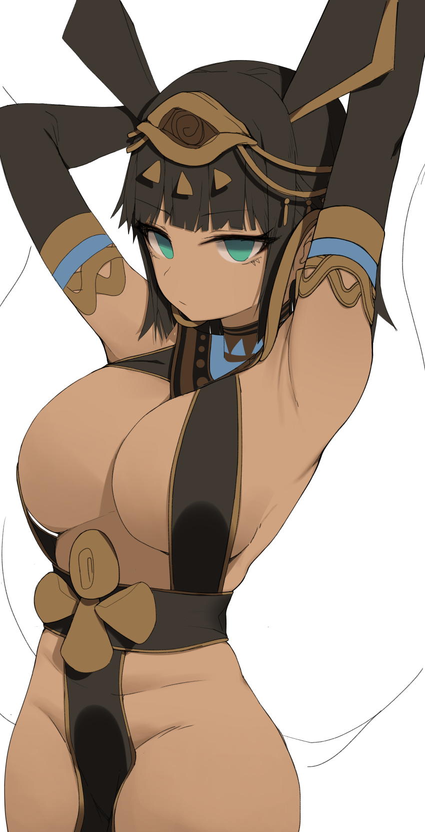 1girl absurdres ancient_egyptian_clothes animal_ears aqua_eyes armpits arms_up black_gloves black_hair blunt_bangs breasts cleavage commission cowboy_shot dark-skinned_female dark_skin egyptian_mythology elbow_gloves gloves hair_ornament highres large_breasts no_panties original pelvic_curtain revealing_clothes second-party_source set_(mythology) set_(romana) solo tonki unfinished