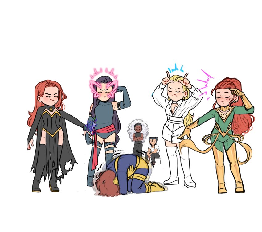 2boys absurdres belt bodysuit brown_hair chibi closed_eyes cyclops_(x-men) dark_skin dress emma_frost facial_hair gloves highres jean_grey long_hair marvel mask meme multiple_boys muscular padawan_carol phoenix_(x-men) projecting_my_period_cramps_(meme) psychic psylocke red_hair revealing_clothes sash scott_summers short_hair storm_(x-men) superhero_costume wolverine_(x-men) x-men