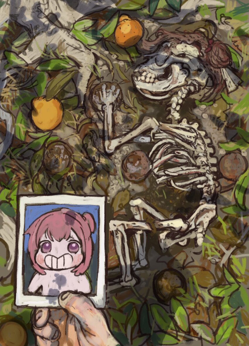 1other bone death doro_(nikke) food fruit goddess_of_victory:_nikke hair_bun highres holding holding_photo mossacannibalis nature photo_(object) pink_hair pov purple_eyes single_hair_bun skeleton skull teeth