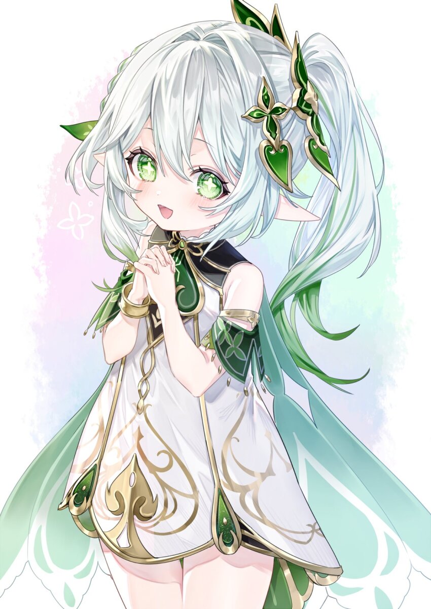 1girl bare_shoulders blush commentary_request cross-shaped_pupils detached_sleeves dress fingernails genshin_impact gold_trim gradient_hair green_eyes green_hair green_sleeves hair_between_eyes hair_ornament hands_up highres leaf_hair_ornament long_hair looking_at_viewer multicolored_hair nahida_(genshin_impact) open_mouth own_hands_clasped own_hands_together pointy_ears side_ponytail sleeveless sleeveless_dress solo symbol-shaped_pupils white_background white_dress white_hair yuya_(night_lily)