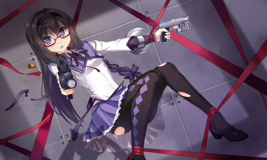 .45_acp .45_acp_+p 10s 1girl :o aiming aiming_at_viewer akemi_homura akemi_homura_(magical_girl) an/peq-6 asymmetrical_hair ballistic_shield black_hair braid shell_casing casing_ejection cocked_hammer dance_of_eternity dual_wielding female_focus flashlight floating glasses gun h&amp;k_mark_23 hairband handgun handgun_cartridge heckler_&amp;_koch high_heels highres holding insight_technology laser_aiming_module laser_pointer laser_sight long_hair looking_at_viewer mahou_shoujo_madoka_magica mahou_shoujo_madoka_magica_(anime) match_grade match_grade_ammunition match_grade_firearm match_grade_pistol military_cartridge offensive_handgun pantyhose pistol pistol_cartridge purple_eyes red-framed_eyewear red_ribbon ribbon semi-rimless_eyewear shell_casing shield solo tactical_light torn_clothes torn_pantyhose trigger_discipline under-rim_eyewear weapon