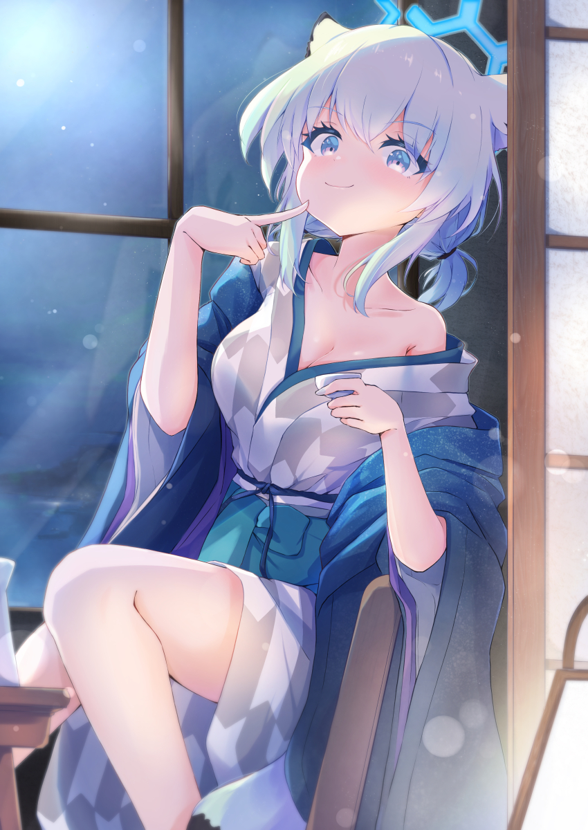 1girl absurdres animal_ears bath_yukata blue_archive blue_halo breasts cleavage closed_mouth collarbone green_hair halo highres japanese_clothes karupa_(karupapon) kimono medium_breasts obi official_alternate_costume purple_eyes sash shigure_(blue_archive) shigure_(hot_spring)_(blue_archive) short_hair smile solo tail weasel_ears weasel_tail yukata