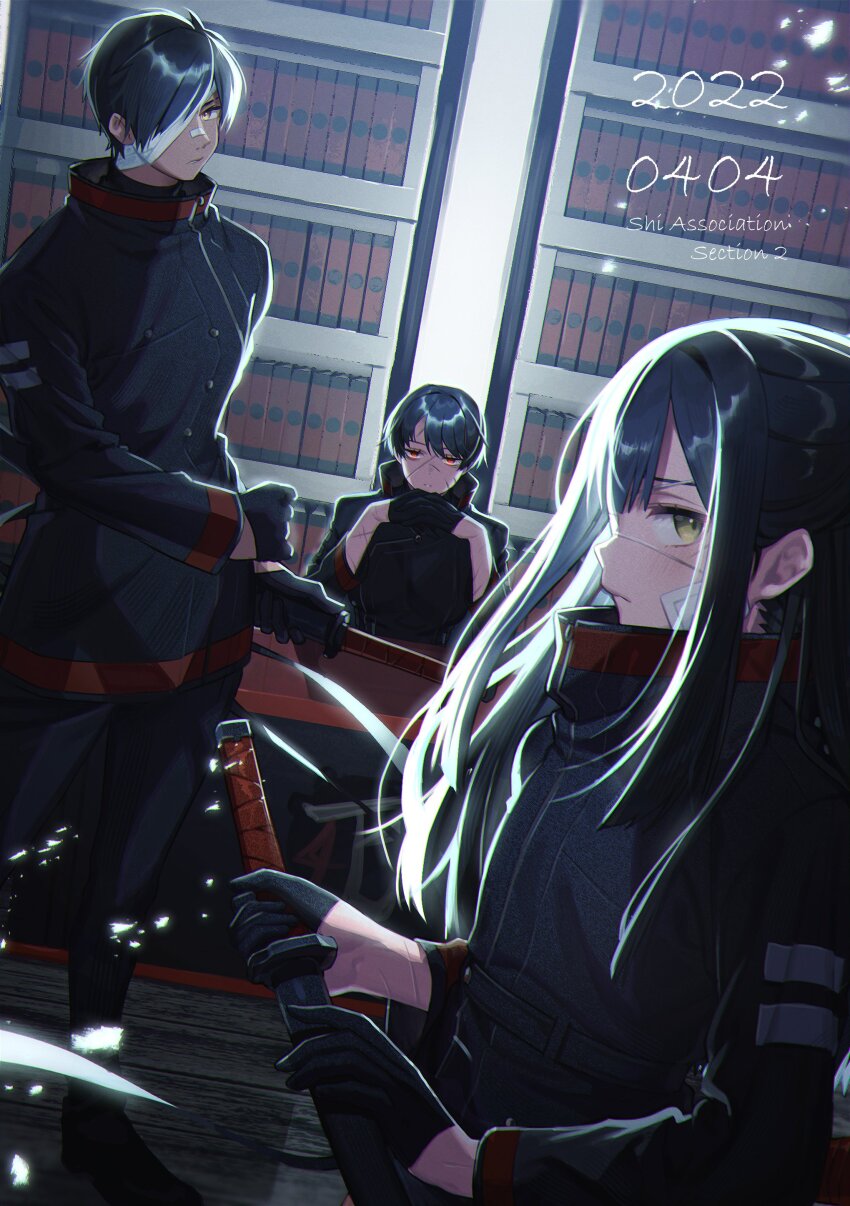 1boy 2girls absurdres bandage_over_one_eye black_footwear black_gloves black_hair black_jacket black_pants bookshelf desk gloves green_eyes highres holding holding_sword holding_weapon indoors jacket katana library_of_ruina long_hair long_sleeves michael_(8m71d) multiple_girls pants project_moon sheath sheathed shi_association_south_uniform shoes short_hair sidelocks sword tenma_(project_moon) valentin_(project_moon) very_long_hair weapon yujin_(project_moon)