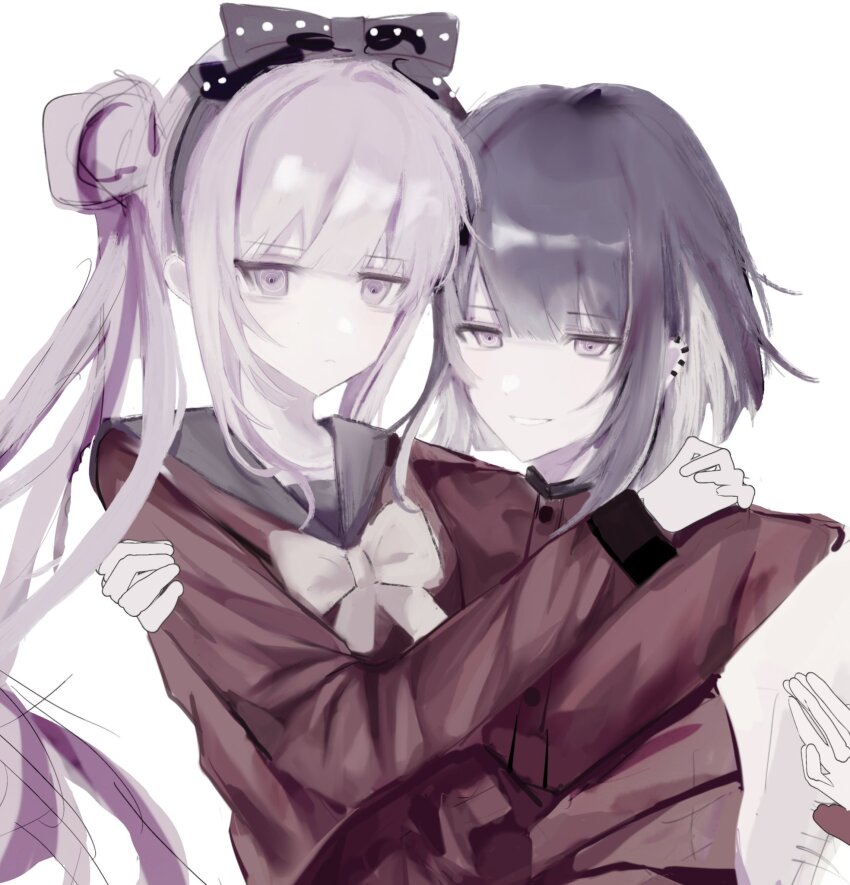 black_bow bow brother_and_sister ear_piercing hair_bow highres holding_hands hug long_sleeves matching_hair/eyes piercing pink_eyes pink_hair purple_hair siblings simple_background the_hundred_line_-last_defense_academy- tsukumo_ima tsukumo_kako twins twintails white_background