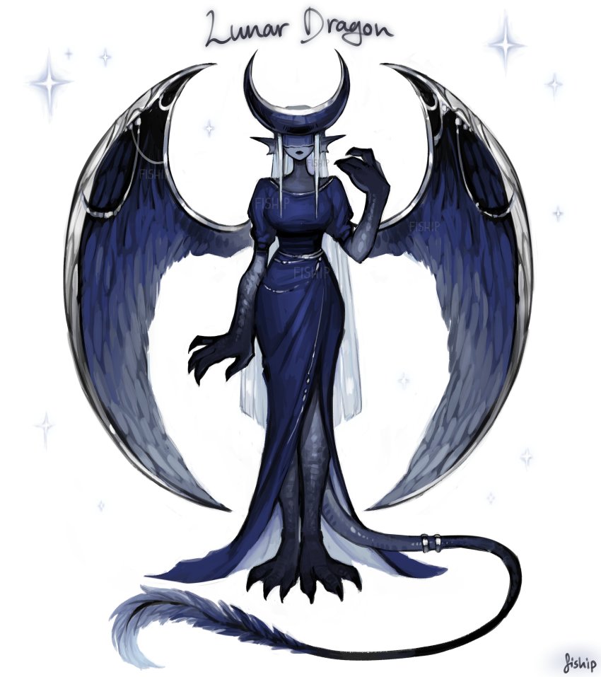 1girl absurdres animal_ears black_lips blue_dress closed_mouth crescent dragon_girl dress facing_viewer feathered_wings fewer_digits fins hand_up head_fins highres lipstick long_dress makeup matilda_fiship original puffy_short_sleeves puffy_sleeves sash short_sleeves simple_background solo spread_wings standing tail veil white_background wings