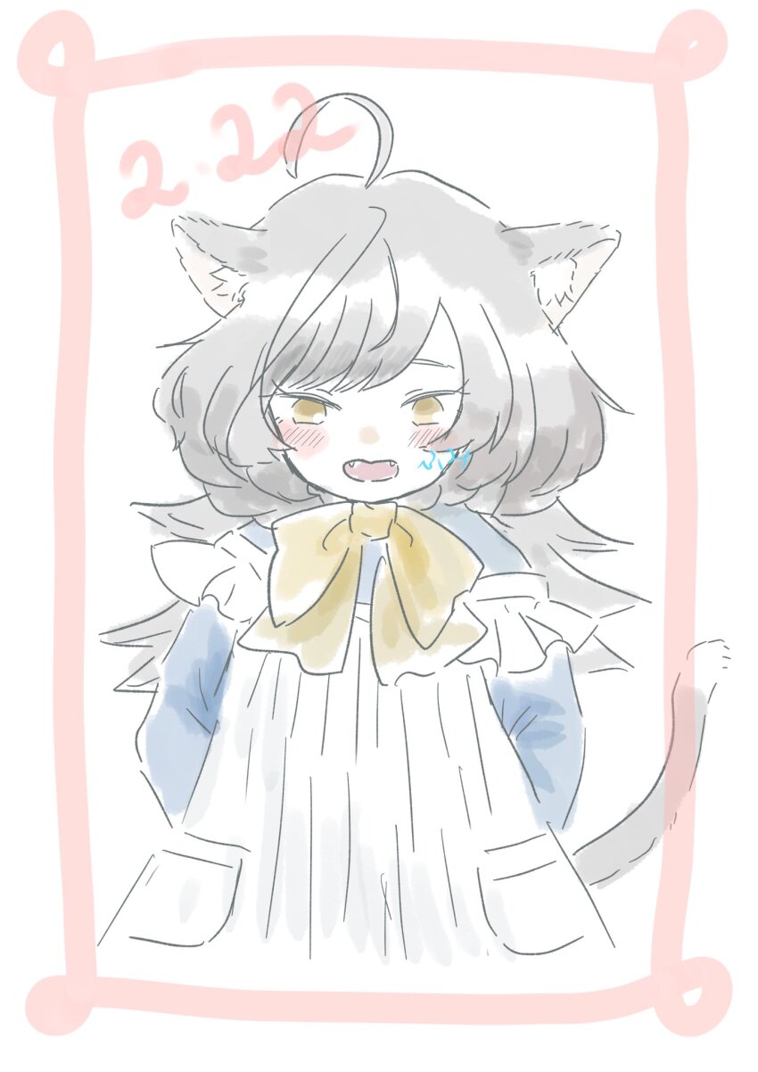 1girl ahoge animal_ear_fluff animal_ears arms_behind_back artist_name assault_lily blue_shirt blush bow bowtie cat_day cat_ears cat_girl cat_tail commentary cropped_torso dress fangs fumi_(fumifumi3axl) grey_hair highres inset_border kemonomimi_mode looking_at_viewer no_pupils off-shoulder_dress off_shoulder open_mouth outside_border pocket sasaki_ran shirt simple_background solo standing tail upper_body white_background white_dress yellow_bow yellow_bowtie