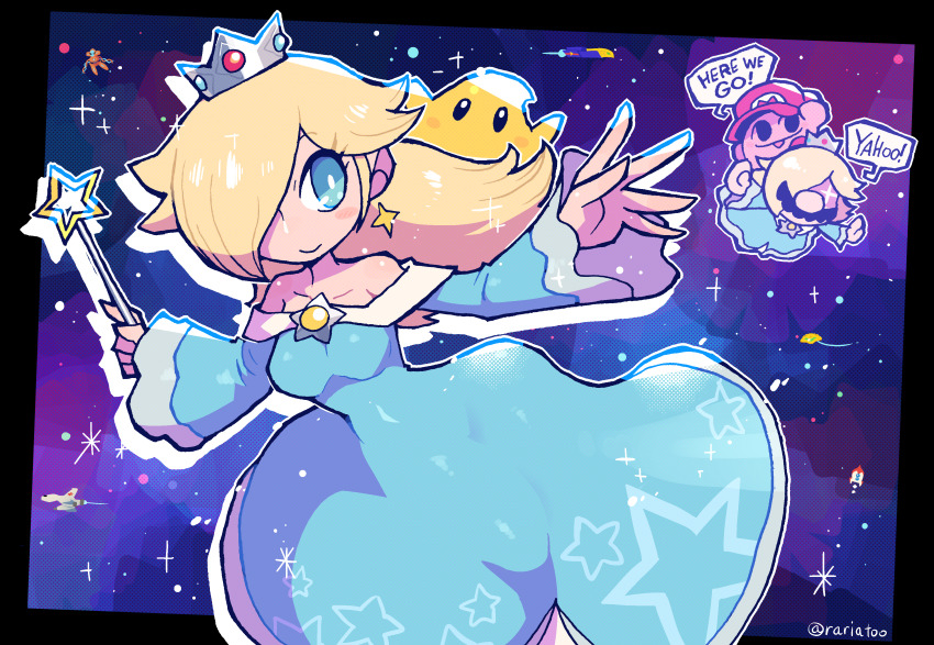 1boy 1girl absurdres bare_shoulders black_border blonde_hair blue_dress blue_eyes blush_stickers border breasts closed_mouth collarbone cosplay crossdressing crown deoxys dress earrings english_text f-zero facial_hair falcon_flyer flying gen_3_pokemon great_fox hair_over_one_eye hat highres hocotate_freight_steam_ship holding holding_wand jaggy_lines jewelry kirby kirby_(series) long_hair long_sleeves luma_(mario) mario mario_(series) medium_breasts metroid mustache mythical_pokemon nintendo off-shoulder_dress off_shoulder outside_border pokemon pokemon_(creature) print_dress rariatto_(ganguri) red_headwear rosalina rosalina_(cosplay) samus&#039;s_gunship smile space spacecraft sparkle speech_bubble star_(symbol) star_earrings star_fox star_print super_mario_galaxy super_smash_bros. twitter_username wand