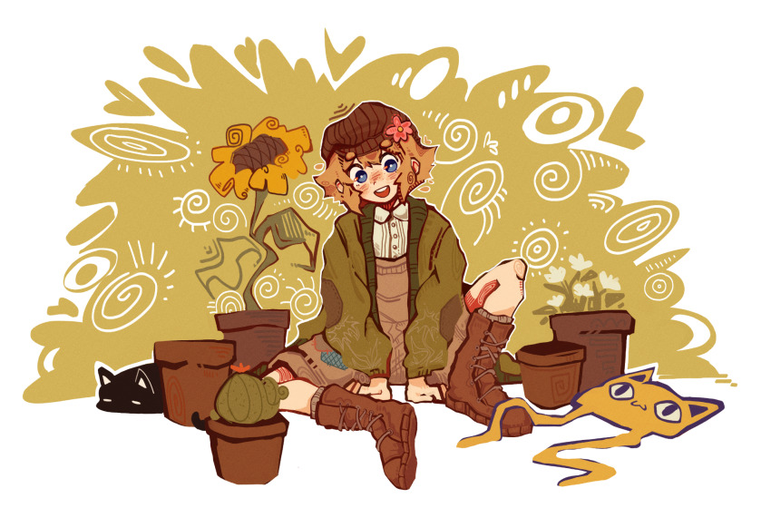 1boy agfgoth_3 basil_(birthday)_(omori) basil_(faraway)_(omori) basil_(omori) big_yellow_cat_(omori) blonde_hair blue_eyes blush boots bright_pupils brown_boots cactus cat flower green_sweater highres knee_up lace-up_boots long_sleeves looking_at_viewer male_focus mewo official_alternate_costume omori open_mouth plant potted_plant short_hair sitting smile solo sunflower sweater teeth upper_teeth_only white_pupils