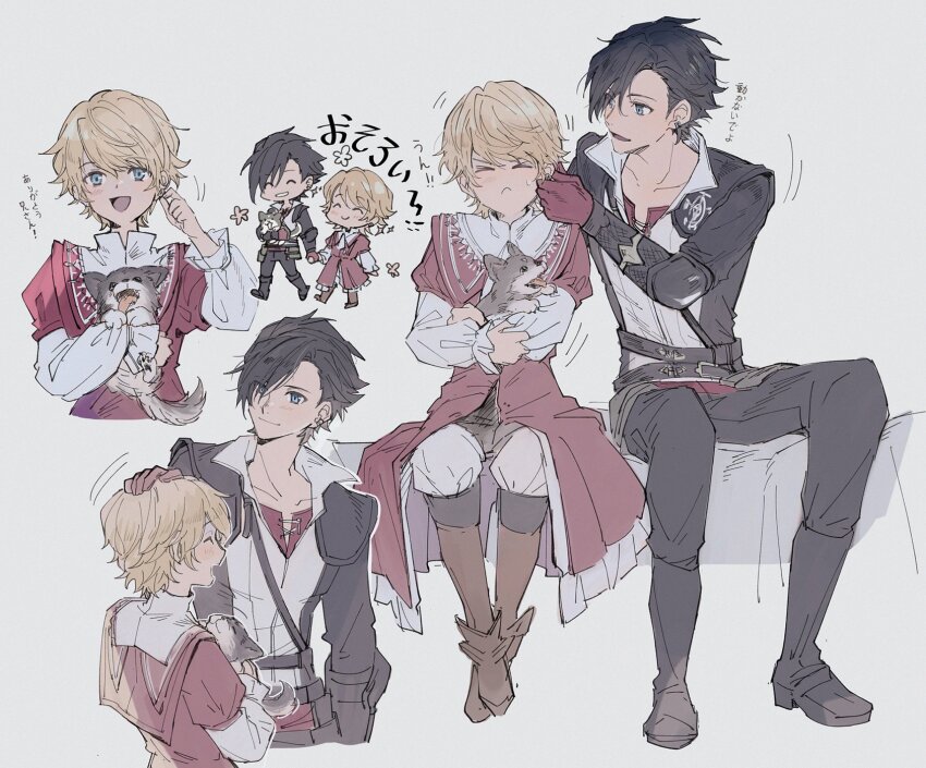 &gt;_&lt; 2boys animal baby_animal black_footwear black_hair black_jacket black_pants blonde_hair blue_eyes boots brothers brown_footwear chibi child clive_rosfield closed_eyes coat collarbone crossed_ankles dog earrings final_fantasy final_fantasy_xvi full_body gloves grey_background hair_between_eyes hair_over_one_eye hand_on_another&#039;s_cheek hand_on_another&#039;s_face hand_on_another&#039;s_head highres holding holding_animal holding_dog holding_hands jacket jewelry joshua_rosfield long_sleeves looking_at_another male_focus multiple_boys multiple_views open_mouth pants puffy_long_sleeves puffy_sleeves puppy red_coat red_gloves shirt short_hair siblings single_earring sitting smile sweatdrop torgal_(ff16) upper_body white_shirt yurichi_(artist)