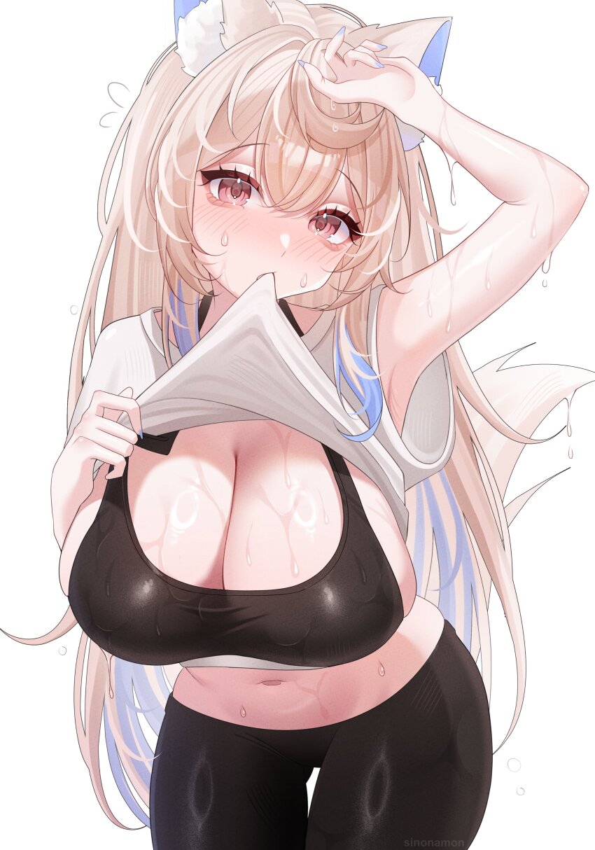 1girl absurdres animal_ear_fluff animal_ears arm_up armpits black_pants black_sports_bra blonde_hair blue_hair breasts cleavage clothes_lift commentary cowboy_shot crossed_bangs dog_ears dog_girl dog_tail double-parted_bangs english_commentary fuwawa_abyssgard gluteal_fold hair_between_eyes halterneck highres hololive hololive_english large_breasts long_hair looking_at_viewer midriff mouth_hold multicolored_hair navel pants pink_eyes shirt shirt_lift simple_background sinonamon solo sports_bra streaked_hair sweat t-shirt tail thigh_gap very_long_hair virtual_youtuber white_background yoga_pants