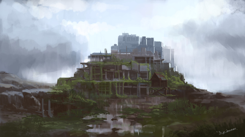 algae artist_name building city cityscape commentary_request day grass grey_sky highres mixed-language_commentary no_humans original outdoors overgrown post-apocalypse ruins scenery sky tripdancer wetland