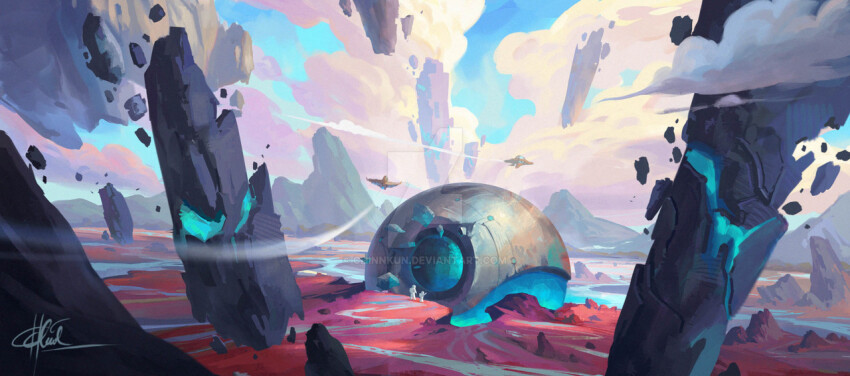 blue_sky chinnkun cloud floating_rock landscape mountain mountainous_horizon original painterly red_grass river rock science_fiction signature sky spacecraft watermark