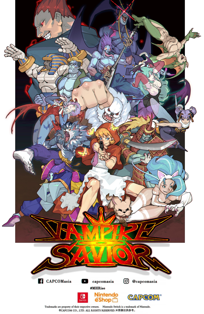 6+boys 6+girls absurdres anakaris antennae b.b._hood bishamon_(darkstalkers) blackwidow031 blonde_hair blue_hair bow bug butterfly capcom copyright_name darkstalkers demitri_maximoff dog everyone felicia_(darkstalkers) green_hair gun handgun harry_(darkstalkers) head_wings highres holding holding_gun holding_sword holding_weapon hsien-ko insect insect_wings jedah_dohma jon_talbain lilith_(darkstalkers) lord_raptor morrigan_aensland multiple_boys multiple_girls muscular muscular_male nintendo_eshop purple_hair q-bee red_bow red_hair rikuo_(darkstalkers) sasquatch_(darkstalkers) sword tongue tongue_out victor_von_gerdenheim weapon wings