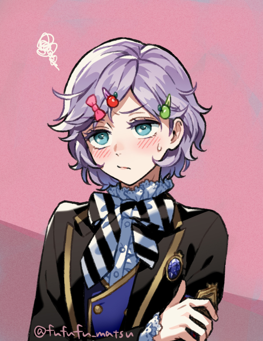 1boy androgynous blue_eyes blush cherry_hair_ornament commentary_request epel_felmier food-themed_hair_ornament funuyu hair_ornament highres holding_own_arm male_focus night_raven_college_uniform pink_background school_uniform solo twisted_wonderland upper_body