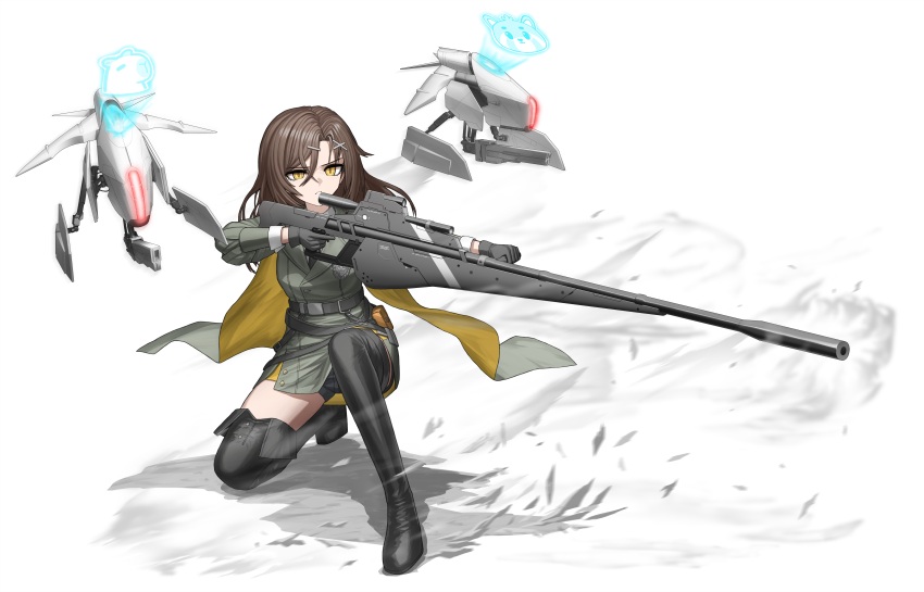 1girl absurdres boots brown_hair cape cheogtanbyeong christina_brecht counter:side drone gloves gun hair_ornament hairclip highres military_uniform on_one_knee rifle shorts skirt smoke sniper_rifle solo thigh_boots weapon white_background yellow_cape yellow_eyes