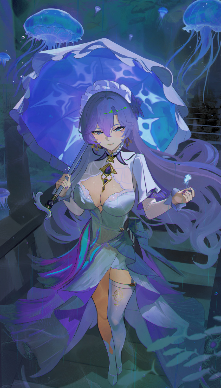 1girl absurdres asymmetrical_legwear blue_eyes breasts cantarella_(wuthering_waves) closed_mouth commentary dress dzyyeee earrings facial_mark flower hair_between_eyes hair_flower hair_ornament highres holding holding_umbrella jellyfish jewelry kneehighs large_breasts legwear_cutout long_hair looking_at_viewer mark_under_eye nail_polish parasol purple_flower purple_hair purple_nails shoes shrug_(clothing) single_kneehigh single_sock single_thighhigh smile socks solo thighhighs thighs umbrella uneven_legwear white_dress white_shoes white_shrug white_socks white_thighhighs wuthering_waves