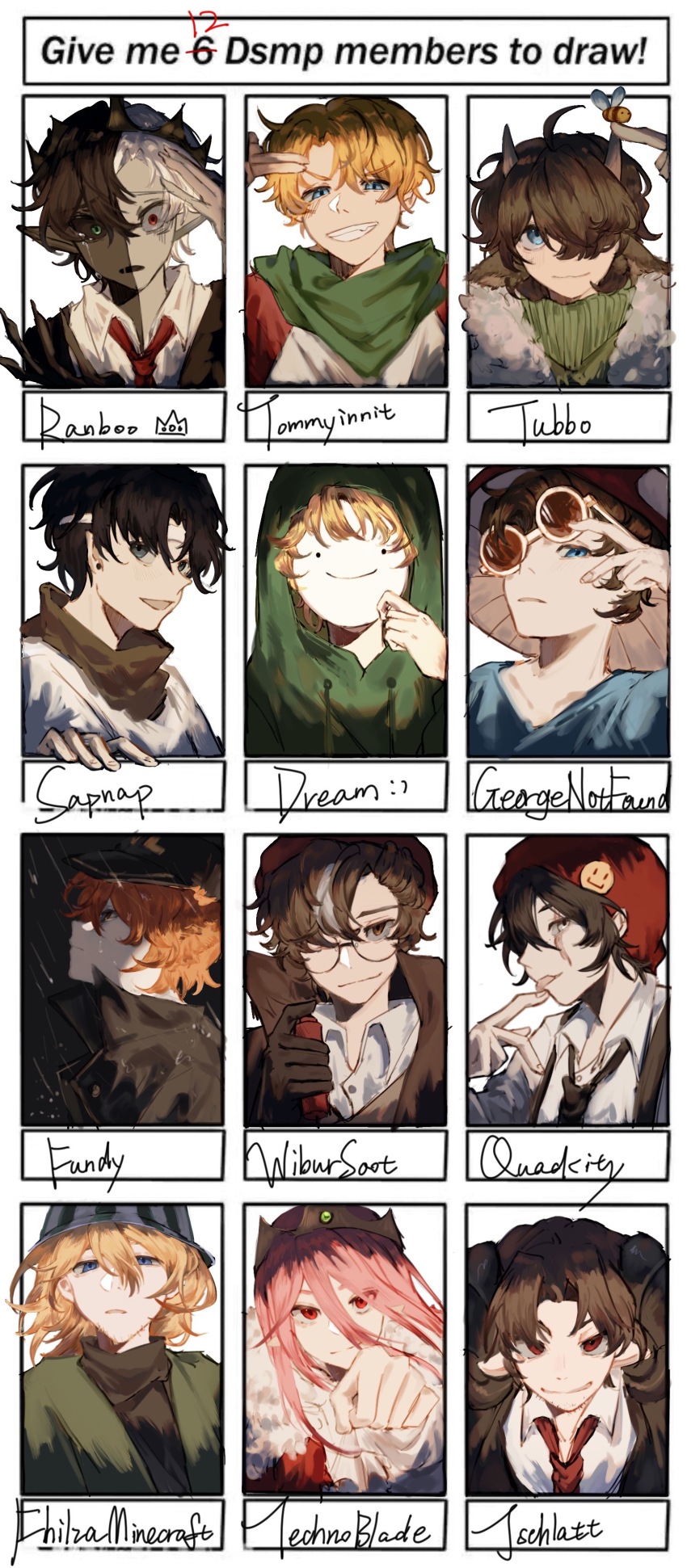 1other 6+boys absurdres androgynous animal_ears animification beanie bishounen black_hair blonde_hair blue_eyes brown_hair bucket_hat cape character_name chinese_commentary coat commentary_request crown dream_(youtuber) dream_smp english_text formal_clothes fox_boy fox_ears fundy_(youtuber) fur-trimmed_cape fur_trim georgenotfound glasses goat_boy goat_ears goat_horns green_eyes green_kimono hair_over_one_eye hat headband heterochromia highres hood hood_up horns humanization jacket japanese_clothes jschlatt kimono long_hair male_focus mask minecraft_youtube multicolored_hair multiple_boys multiple_drawing_challenge mushroom_hat necktie official_alternate_costume orange_hair ph1lza pink_hair poker_chip quackity rain ranboo red_eyes round_eyewear sapnap scar sheep_boy sheep_ears sheep_horns short_hair siu-cuoh2 smile smiley_face striped_clothes striped_headwear suit sunglasses suspenders technoblade tommyinnit tongue tongue_out trench_coat tubbo upper_body white_background white_hair wilbur_soot