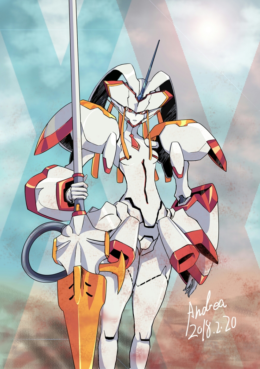 1girl absurdres andrea21 android armor blue_horns darling_in_the_franxx highres horns lance mecha necktie orange_eyes orange_necktie polearm robot robot_girl shoulder_armor single_horn skirt solo strelizia weapon
