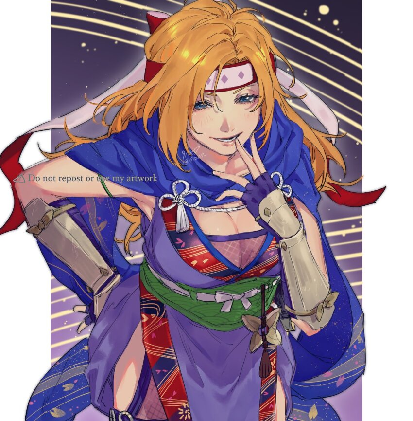 1girl 91007 arm_guards blonde_hair blue_eyes blue_scarf breasts cleavage fire_emblem fire_emblem:_radiant_dawn fire_emblem_heroes hand_on_own_hip heather_(fire_emblem) heather_(ninja)_(fire_emblem) japanese_clothes large_breasts long_hair lower_teeth_only ninja nintendo official_alternate_costume scarf solo teeth