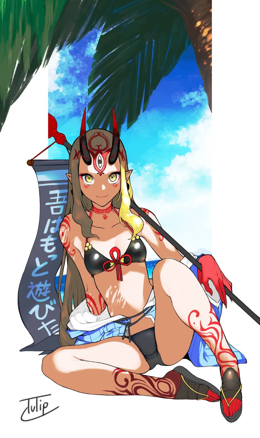 1girl absurdres aka_shiro_kiiro bad_id bad_twitter_id bare_shoulders bikini black_bikini blonde_hair blue_kimono breasts facial_mark fate/grand_order fate_(series) forehead forehead_mark hair_pulled_back highres horns ibaraki_douji_(fate) ibaraki_douji_(fate/grand_order) ibaraki_douji_(swimsuit_lancer)_(fate) ibaraki_douji_(swimsuit_lancer)_(first_ascension)_(fate) japanese_clothes kimono long_hair looking_at_viewer off_shoulder oni oni_horns small_breasts swimsuit tattoo yellow_eyes