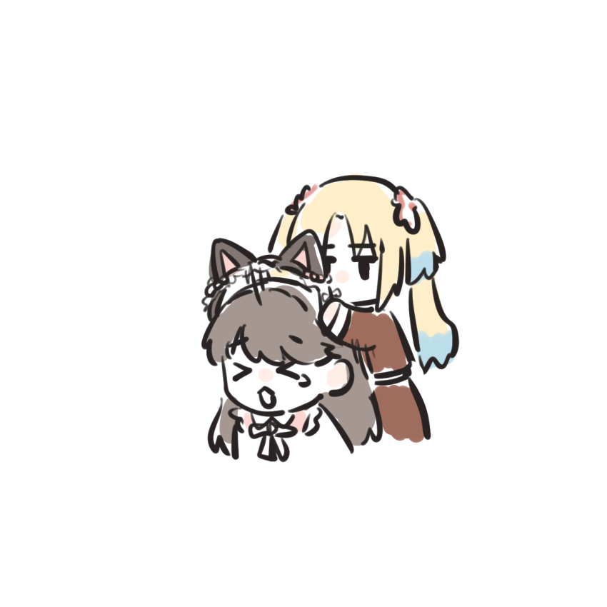 &gt;_&lt; 2girls animal_ear_hairband animal_ears ao_kaeru blonde_hair blue_hair brown_dress brown_hair cat_ear_hairband cat_ears colored_tips commentary d: dress dx fake_animal_ears fang flower fujishima_megumi fujishima_megumi_(m&#039;s_one_day) hair_flower hair_ornament hairband hasu_no_sora_school_uniform highres holding_hairband jitome link!_like!_love_live! long_hair long_sleeves love_live! maid multicolored_hair multiple_girls open_mouth osawa_rurino parted_bangs pink_dress pink_flower school_uniform simple_background tears twintails two_side_up virtual_youtuber white_background winter_uniform