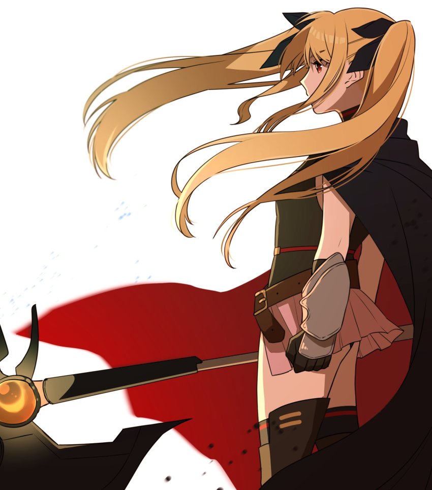 1girl bardiche_(bullova_form)_(nanoha) bardiche_(nanoha) belt black_cape black_gloves black_leotard black_thighhighs blonde_hair bracer cape commentary_request fate_testarossa fate_testarossa_(movie_1st_form) from_side gloves hair_ribbon highres holding holding_weapon leotard long_hair lyrical_nanoha magical_girl mahou_shoujo_lyrical_nanoha mahou_shoujo_lyrical_nanoha_a&#039;s mahou_shoujo_lyrical_nanoha_the_movie_2nd_a&#039;s miniskirt pink_skirt pleated_skirt red_cape red_eyes ribbon sidelocks simple_background skirt solo standing tanaka_io_(craftstudio) thighhighs two-sided_cape two-sided_fabric weapon white_background wind