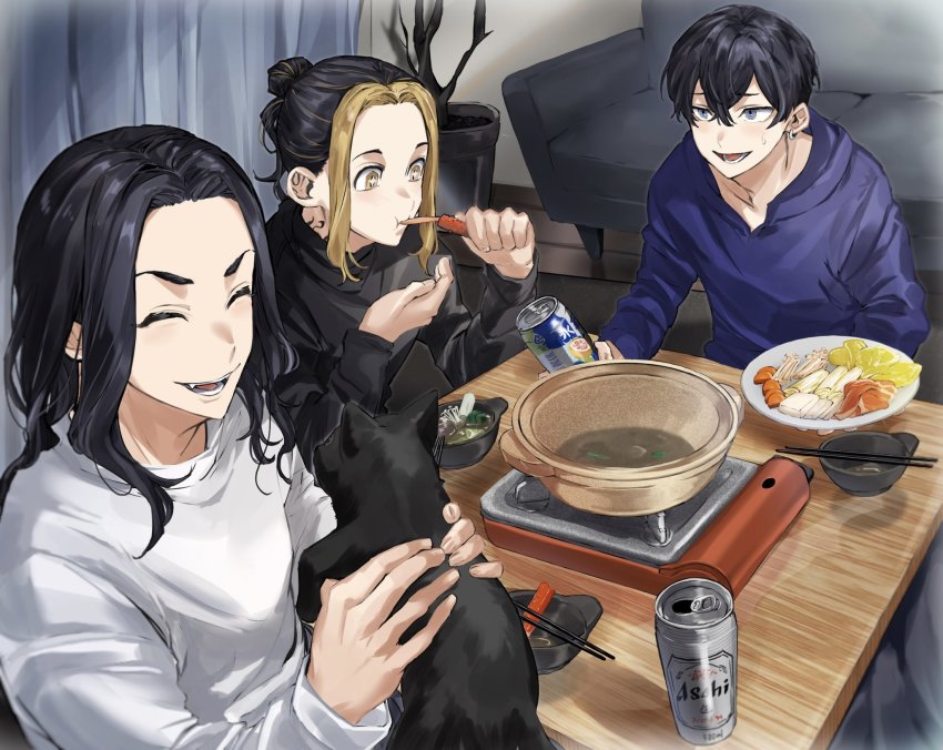 3boys ^_^ animal baji_keisuke black_hair black_shirt blonde_hair blue_eyes blue_hoodie bowl can cat chopsticks closed_eyes couch earrings eating food hair_between_eyes hair_bun hanemiya_kazutora highres hood hood_down hoodie indoors jewelry kotatsu long_hair long_sleeves male_focus matsuno_chifuyu multicolored_hair multiple_boys naka_(58hrprtr) open_mouth shirt single_earring single_hair_bun smile sparkling_eyes sweatdrop table tokyo_revengers two-tone_hair upper_body white_shirt yellow_eyes