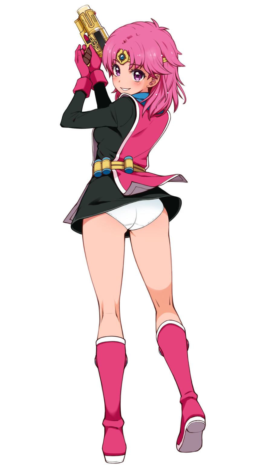 1girl ass black_dress boots circlet commentary_request dragon_quest dragon_quest_dai_no_daibouken dress from_behind full_body gloves gun haga_yui handgun highres holding holding_gun holding_weapon knee_boots kneepits looking_away looking_back maam medium_hair panties parted_lips pink_boots pink_gloves pink_hair purple_eyes short_dress smile solo standing underwear weapon white_panties