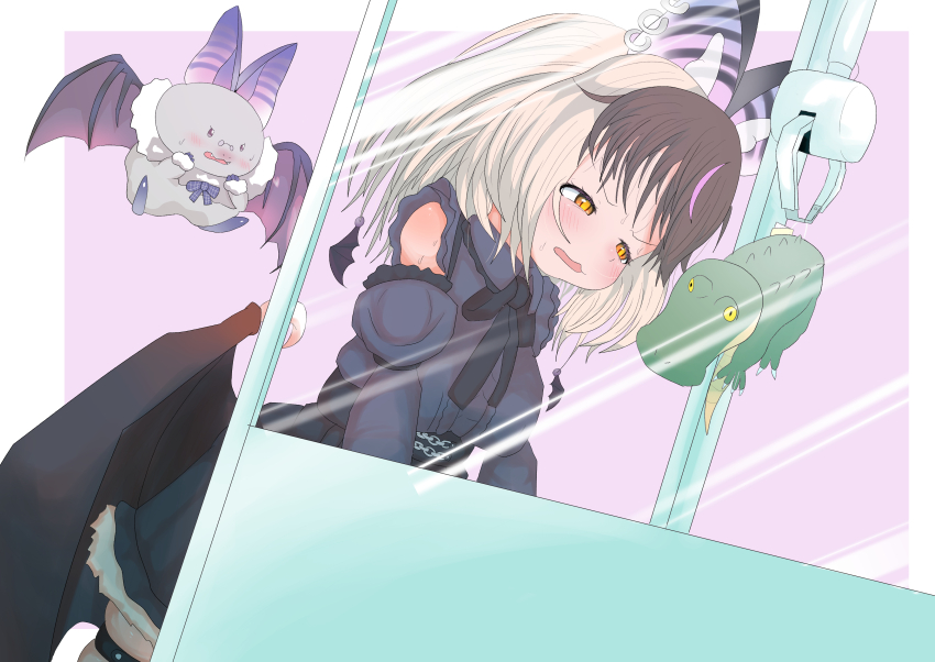 1girl absurdres animal animal_ears bat_(animal) bat_ears bat_girl bat_wings belt black_dress bow bowtie brown_eyes brown_hair brown_long-eared_bat_(kemono_friends) crane_game dress earrings extra_ears glasses grey_hair highres jewelry kemono_friends kemono_friends_v_project long_hair multicolored_hair nekomar_nknk poporu_(kemono_friends) skirt sleeveless streaked_hair stuffed_toy virtual_youtuber wings yellow_eyes