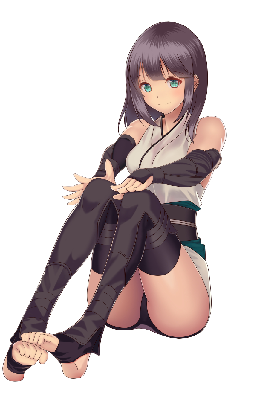1girl absurdres cosplay fate/grand_order fate_(series) feet green_eyes hands_on_own_knees highres long_hair looking_at_viewer okita_souji_(koha-ace)_(cosplay) panties pantyshot smile soles stirrup_legwear toeless_legwear toes underwear