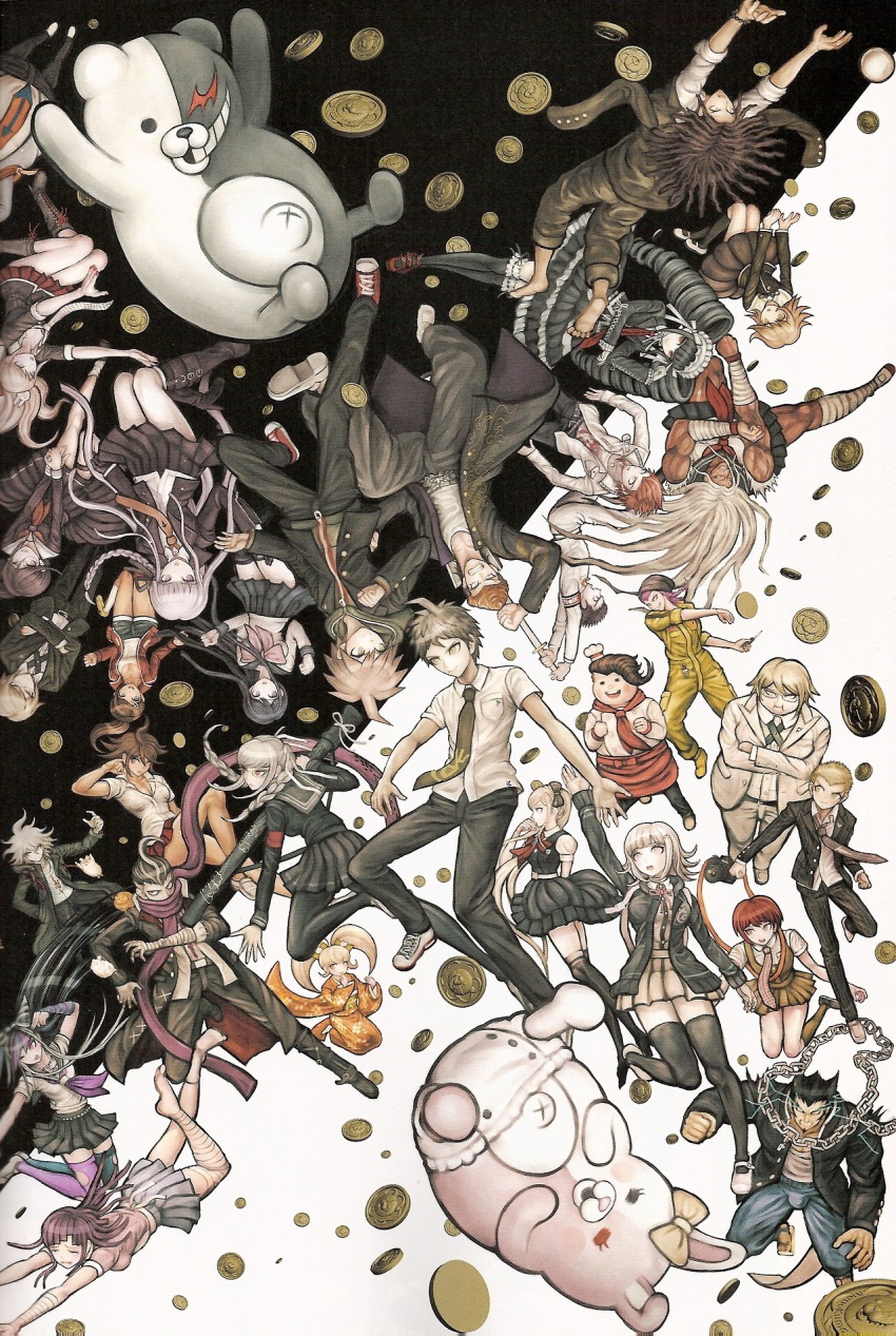 10s 6+boys 6+girls asahina_aoi bandages black_hair black_socks blonde_hair blue_eyes blue_hair bow braid brown_hair celestia_ludenberg cham-p chuunibyou coin danganronpa:_trigger_happy_havoc danganronpa_(series) danganronpa_2:_goodbye_despair enoshima_junko everyone fujisaki_chihiro fukawa_toko gakuran glasses green_eyes hagakure_yasuhiro hair_bow hair_ornament hamster hanamura_teruteru heterochromia highres hinata_hajime hood hoodie jum-p kirigiri_kyoko kneehighs koizumi_mahiru komaeda_nagito komatsuzaki_rui kuwata_leon kuzuryu_fuyuhiko maga-g maizono_sayaka mioda_ibuki monokuma monomi_(danganronpa) multicolored_hair multiple_boys multiple_girls muscular muscular_female naegi_makoto nanami_chiaki necktie nidai_nekomaru official_art ogami_sakura owada_mondo owari_akane pantyhose pekoyama_peko pink_eyes pink_hair ponytail purple_hair red_hair rotational_symmetry saionji_hiyoko scan scarf scarf_over_mouth school_uniform serafuku short_hair shorts sleeves_rolled_up socks sonia_nevermind soda_kazuichi tanaka_gundham tanaka_gundam thighhighs togami_byakuya togami_byakuya_(danganronpa_2) tsumiki_mikan twin_braids twintails white_hair white_legwear yamada_hifumi