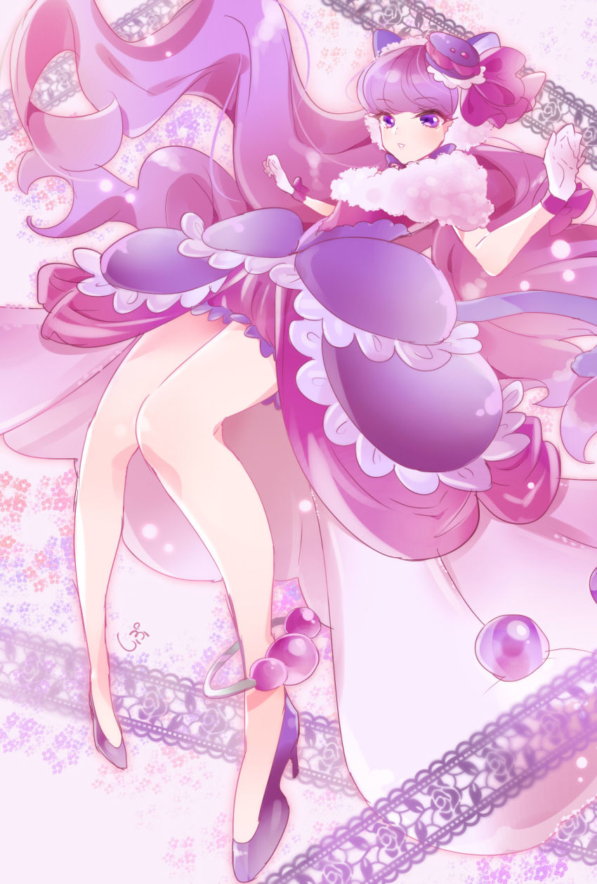 cure_macaron dres gloves highres long_hair magical_girl purple_eyes purple_hair smile tail