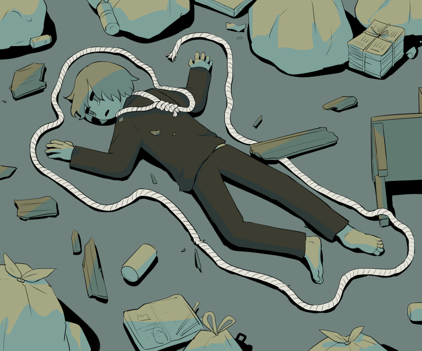1boy @_@ absurdres attempted_suicide avogado6 barefoot bento black_pants black_shirt can chair chalk_outline commentary_request crying crying_with_eyes_open from_above frown full_body highres long_sleeves looking_to_the_side lying male_focus newspaper_stack noose on_ground on_stomach open_mouth original pants plank plastic_bottle rope rope_around_neck rope_marks shirt solo tears trash_bag
