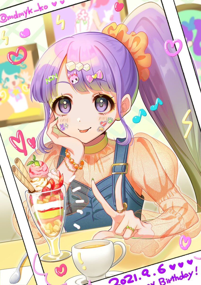 1girl blunt_bangs bracelet character_hair_ornament cup fake_photograph food hair_ornament hair_scrunchie hand_on_own_cheek hand_on_own_face happy_birthday highres indoors jewelry juliet_sleeves junon_(pripara) kanon_(pripara) long_hair long_sleeves looking_at_viewer manaka_non mendamen nail_polish orange_shirt parfait picture_frame pinon_(pripara) polaroid_photo portrait_(object) pretty_series pripara puffy_sleeves purple_eyes purple_hair ring scrunchie see-through_clothes see-through_shirt shirt side_ponytail smile solo spoon sticker_on_face tongue tongue_out twitter_username upper_body usacha w