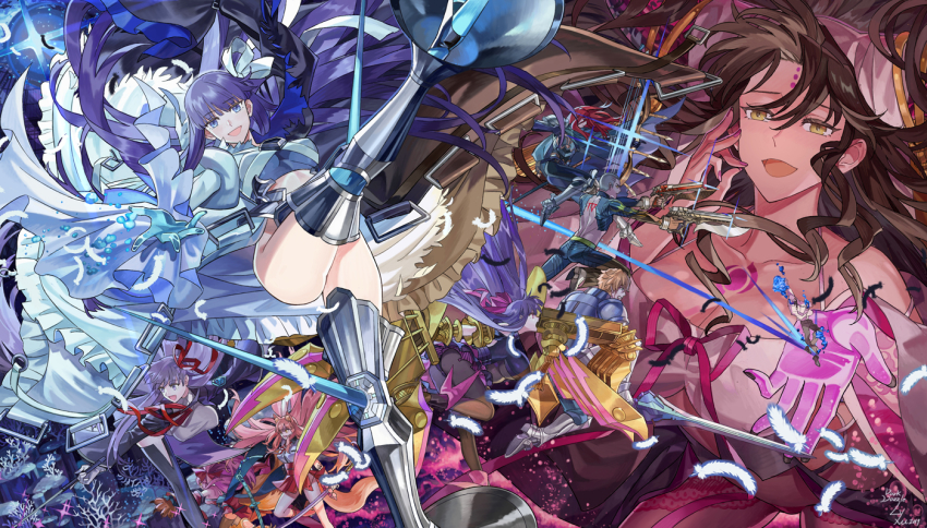 3boys 6+girls :d armor bb_(fate) bb_(fate/extra) black_hair black_legwear black_nails blonde_hair blue_eyes blue_gloves blue_ribbon bow breasts cape chinese_commentary claws colored_skin dual_wielding emiya_alter excalibur_galatine_(fate) facial_mark fate/extra fate/extra_ccc fate/grand_order fate_(series) feathers fingernails forehead_mark gawain_(fate) giant giantess gloves grey_hair gun hair_bow holding large_breasts long_hair lyxu meltryllis_(fate) meltryllis_(third_ascension)_(fate) multiple_boys multiple_girls nail_polish open_mouth passionlip_(fate) pink_bow pink_hair pink_skin purple_hair red_bow red_hair ribbon sessyoin_kiara smile spikes suzuka_gozen_(fate) sword tamamo_(fate) tamamo_cat_(fate) tamamo_cat_(first_ascension)_(fate) thighhighs tristan_(fate) weapon white_bow yellow_eyes