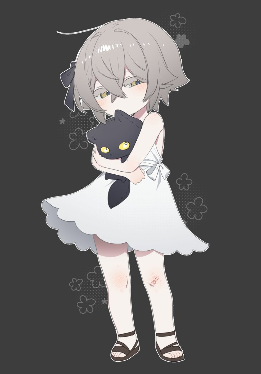 1girl aged_down black_background black_sandals brown_eyes dress full_body grey_hair highres holding holding_stuffed_toy kai_(drakkai10) original sandals short_hair shoya_(kai_(drakkai10)) sleeveless sleeveless_dress solo standing stuffed_animal stuffed_toy white_dress
