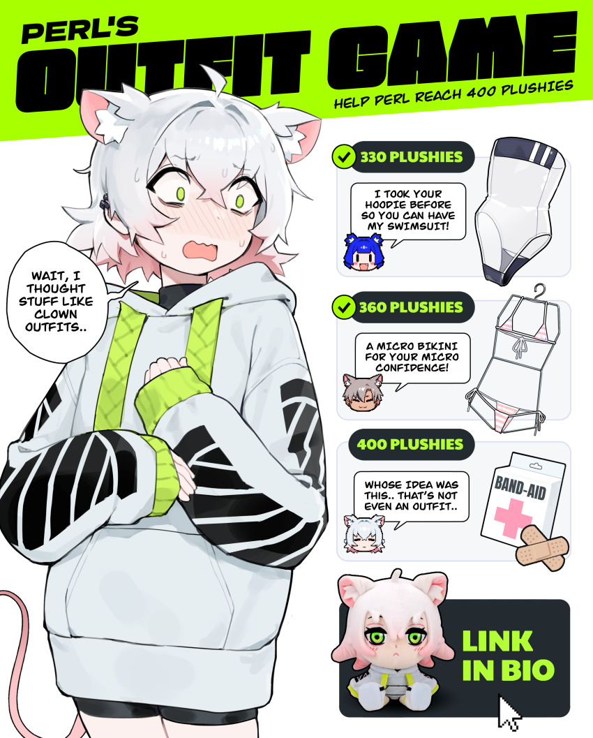 absurdres animal_ears bandaid bikini black_shorts clothes_hanger commentary commentary_request cursor english_commentary english_text gradient_hair green_eyes gris_(vertigris) gris_swimsuit highres hood hoodie kara_(vertigris) long_sleeves meme_attire micro_bikini mixed-language_commentary mouse_ears mouse_girl mouse_tail multicolored_hair open_mouth original perl_(vertigris) pink_hair short_hair shorts simple_background sleeves_past_wrists speech_bubble stuffed_animal stuffed_mouse stuffed_toy sweat swimsuit swimsuit_hanger tail twitter_strip_game vertigris white_background white_hair white_hoodie